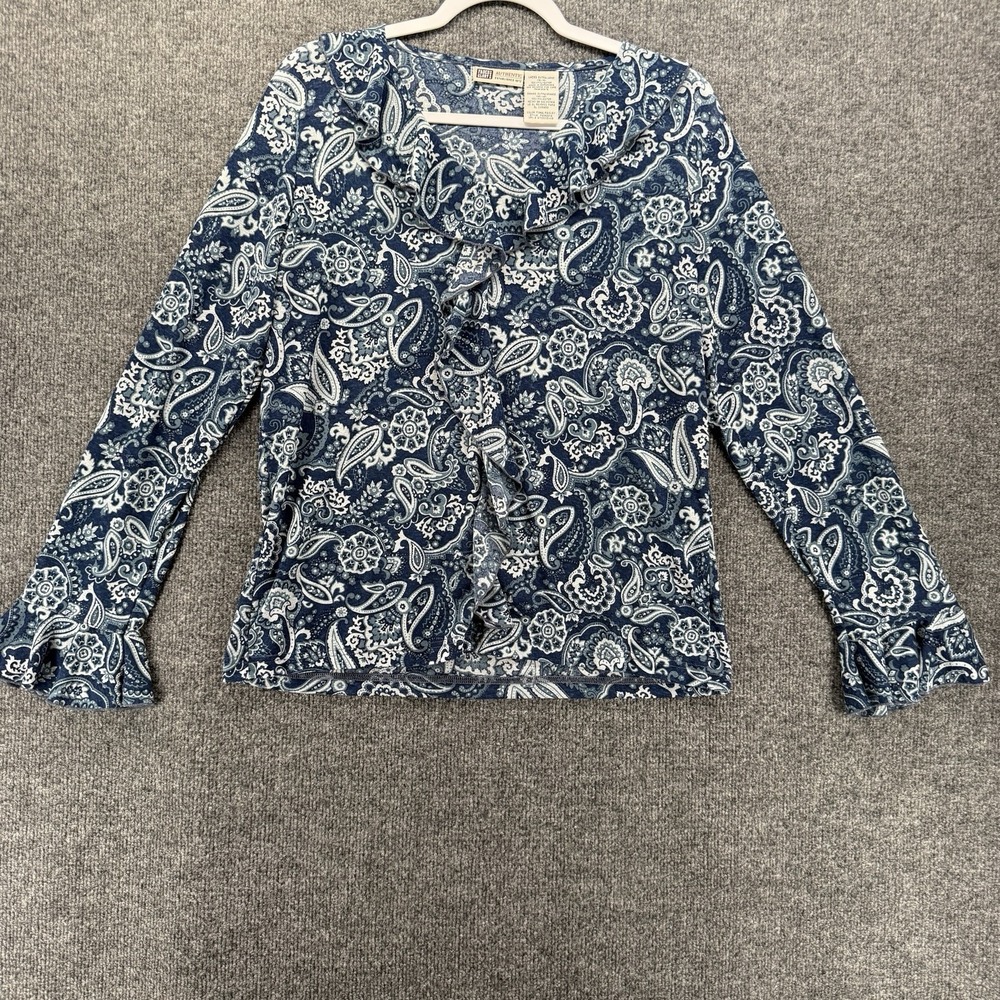 Vintage 90s Top Womens XL Blue Paisley Ruffle Fitted Mesh Y2K Fairycore Hippie